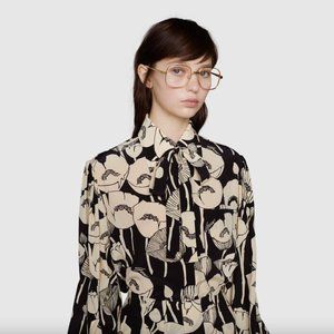 Gucci Black and White Floral Silk Blouse